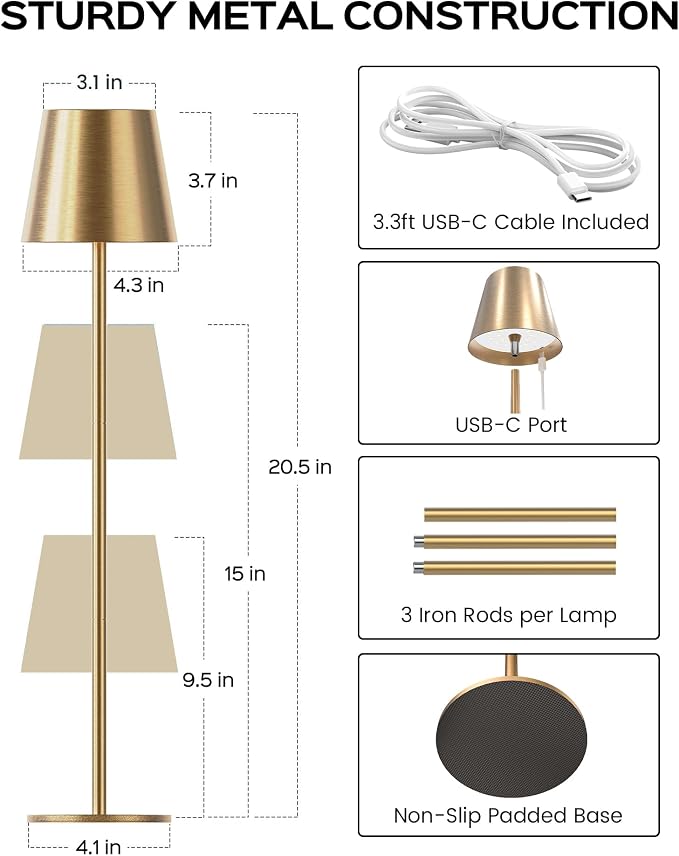JACKYLED Cordless Table Lamps Rechargeable, 3 Adjustable Height, 5000 Capactiy Operated, 3 Colors Smooth Dimming, Portable LED Waterproof Table Lamp for Dining, Bedroom, Outdoor-Gold - Image 4