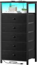 BOLUO Black Dresser with 5 Drawers Tall Nightstand with Charging Station and LED Light, Bedside Table Room Storage Drawers Closet by BOLUO