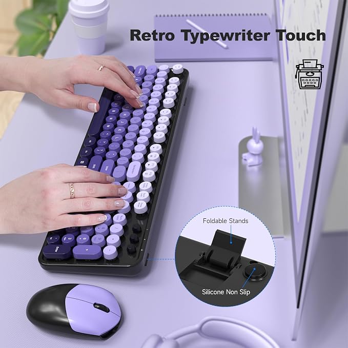 Wireless Keyboard and Mouse Combo, 2.4GHz Retro Full-Size Typewriter Keyboard with Number Pad and Wireless Mouse for PC/Laptop/Desktop/Windows (Black Purple Colorful) - Image 3