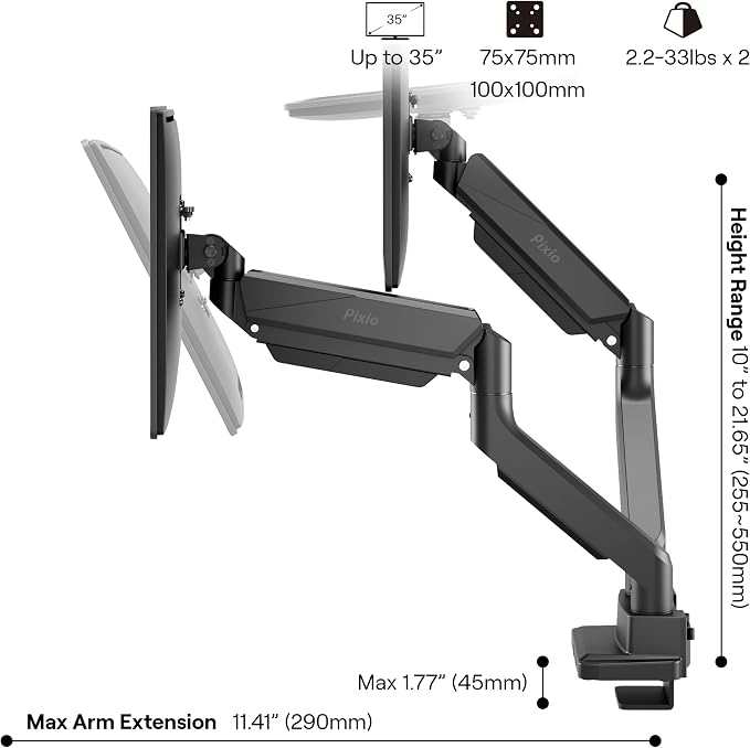Pixio PS2D Ultrawide Heavy-Duty Premium Dual Monitor Arm Stand Desk Mount - Fits up to 35 inches Two Monitors, Weights up to 33 lbs Each, Height Adjustable, Compatible with VESA 75x75mm 100x100mm - Image 4