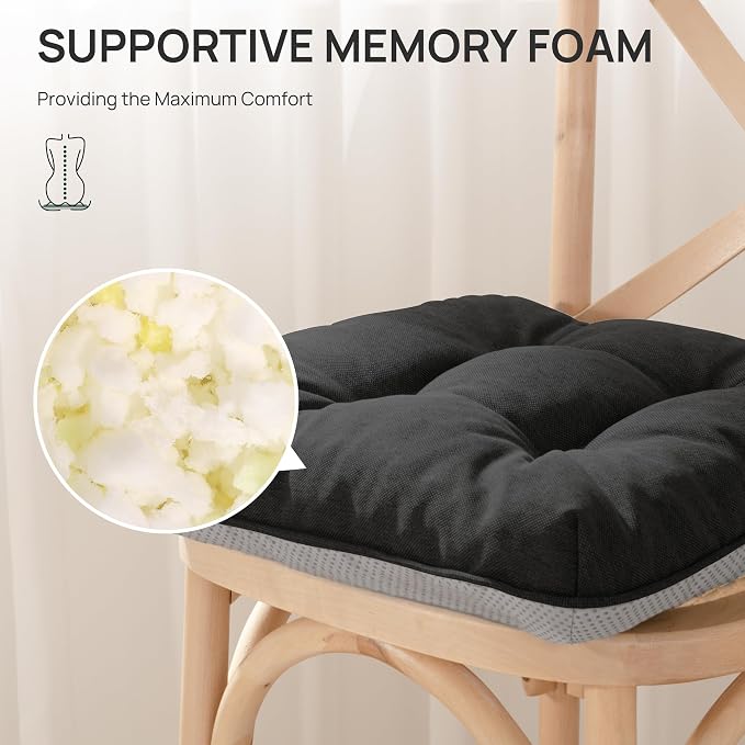 Love's cabin Memory Foam Chair Cushions Set of 4, 19 Inch, Black | 19"x19"x3.5", Indoor & Outdoor Chair Seat Pads with Non-slip Bottom and Ties, for Dining, Kitchen, Office and Patio Chair - Image 4