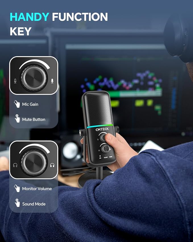 CMTECK USB Microphone for PC, PS4/PS5, Laptop – Computer Microphone with RGB Lighting, Mute Button, Mic Gain, Plug & Play, 3 Sound Modes for Streaming, Podcasting, Recording - Image 5