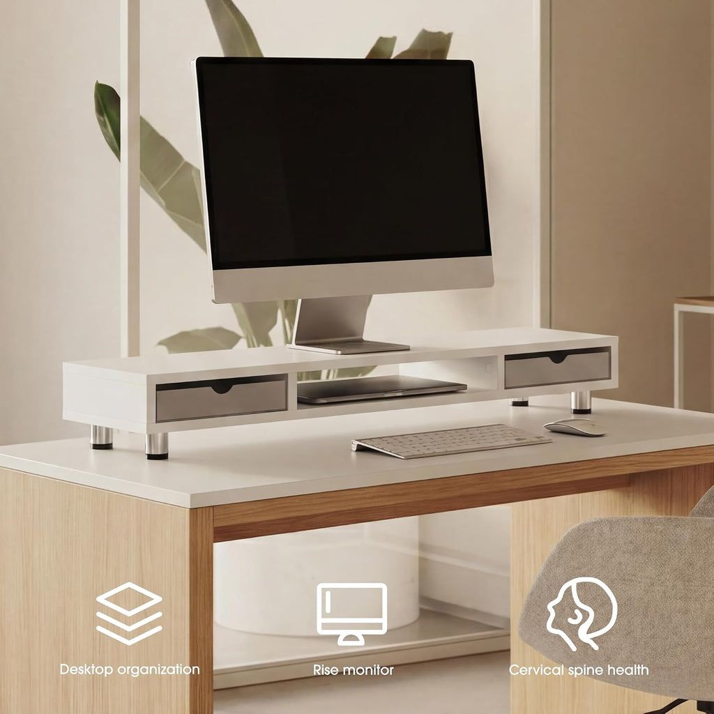 Fenge Dual Monitor Riser with 2 Drawers, 42.5in Long Desk Shelf, White - Image 6