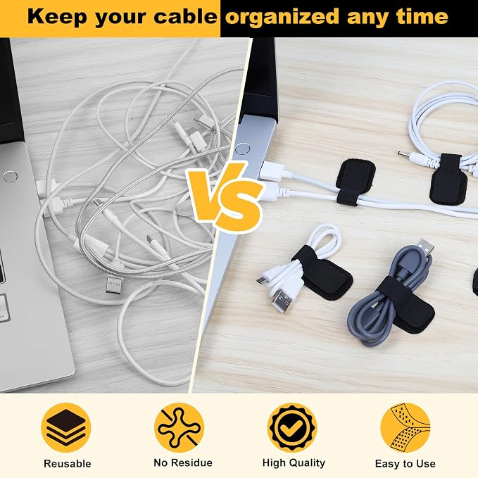 SummerBrite 56-Pack Self Adhesive Cable Straps, Heavy Duty Hook & Loop Ties with Strong Sticky Backing, Reusable Under Desk Cable Management Wire Organizers for Home Office PC, Black - Image 3