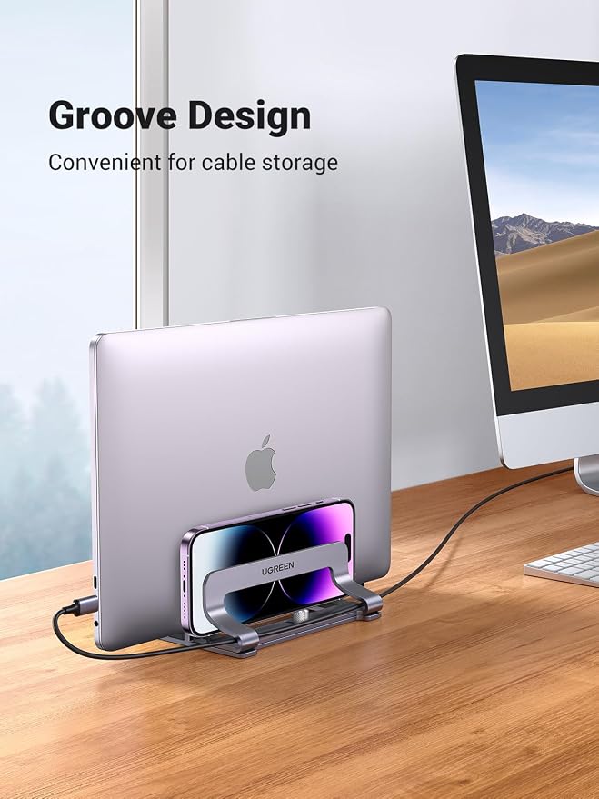 UGREEN 2-Slot Vertical Laptop Stand Holder Desk Compatible with MacBook Pro Air Laptop Stand Desktop Adjustable, Lenovo Ideapad, Surface Book, HP Notebook, Dell Chromebook Up to 17.3 Inch, Space Gray - Image 6