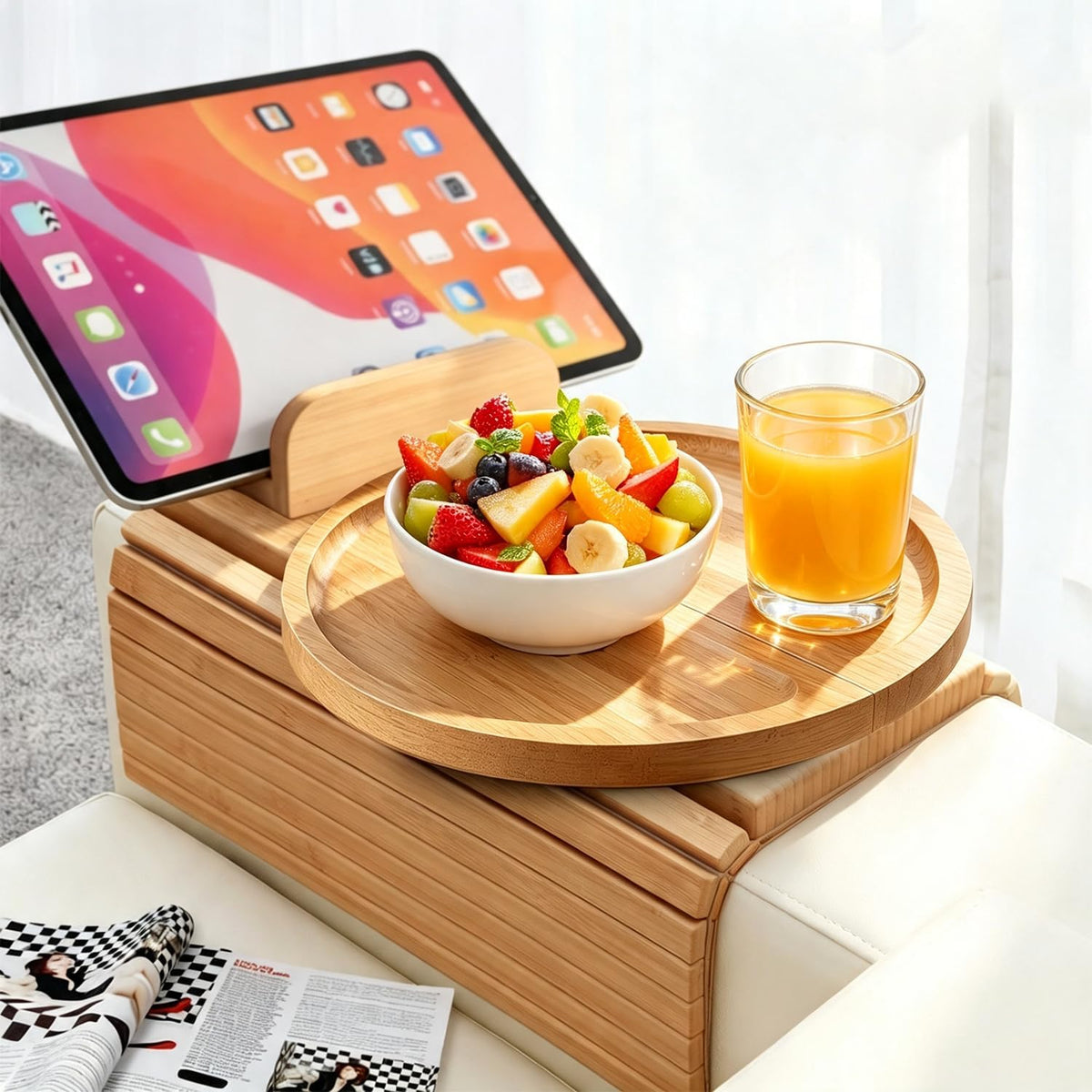 Couch Arm Tray, Bamboo Sofa Arm Tray,Foldable with 360° Rotating Phone Holder by PLUZON