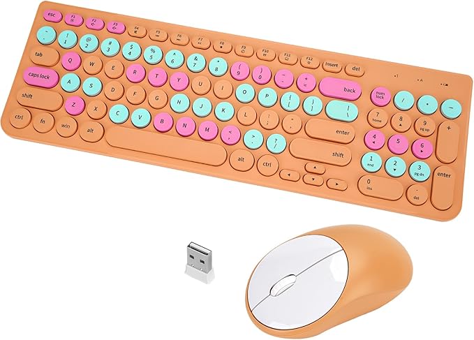 Wireless Keyboard and Mouse Combo, Retro Typewriter Keyboard with Round Keycaps, 2.4GHz USB Cute Wireless Keyboard Mouse for Computer, Desktop, Laptop and Computer (Orange Colorful) by GUKJOB