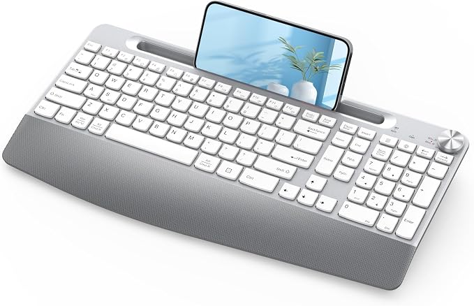 JOYACCESS Ergonomic Wireless Keyboard, 2.4GHz Cordless USB Full-Size Keyboard with Wrist Rest, Quiet Design & Numeric Keypad, Phone Holder for Desktop, Laptop, PC, Mac, Windows -Silver White by JOYACCESS