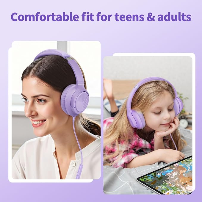Botesty Sound Headphones Wired with Microphone, Over Ear Foldable 3.5mm Plug in Headphones with 4.9ft Tangle-Free Nylon Cord for Tablet, Laptop, MP3/4, School, Airplane Travel (Purple) - Image 2