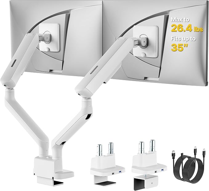 monTEK Mechanical Spring Dual Monitor Arm with USB for 27 32 34inch Screens | White, Built-in One-Way Bearing, Holds 26.4 lbs, VESA 75/100mm, C-Clamp/Grommet Base & Cable Management, Office, Home, Game by monTEK