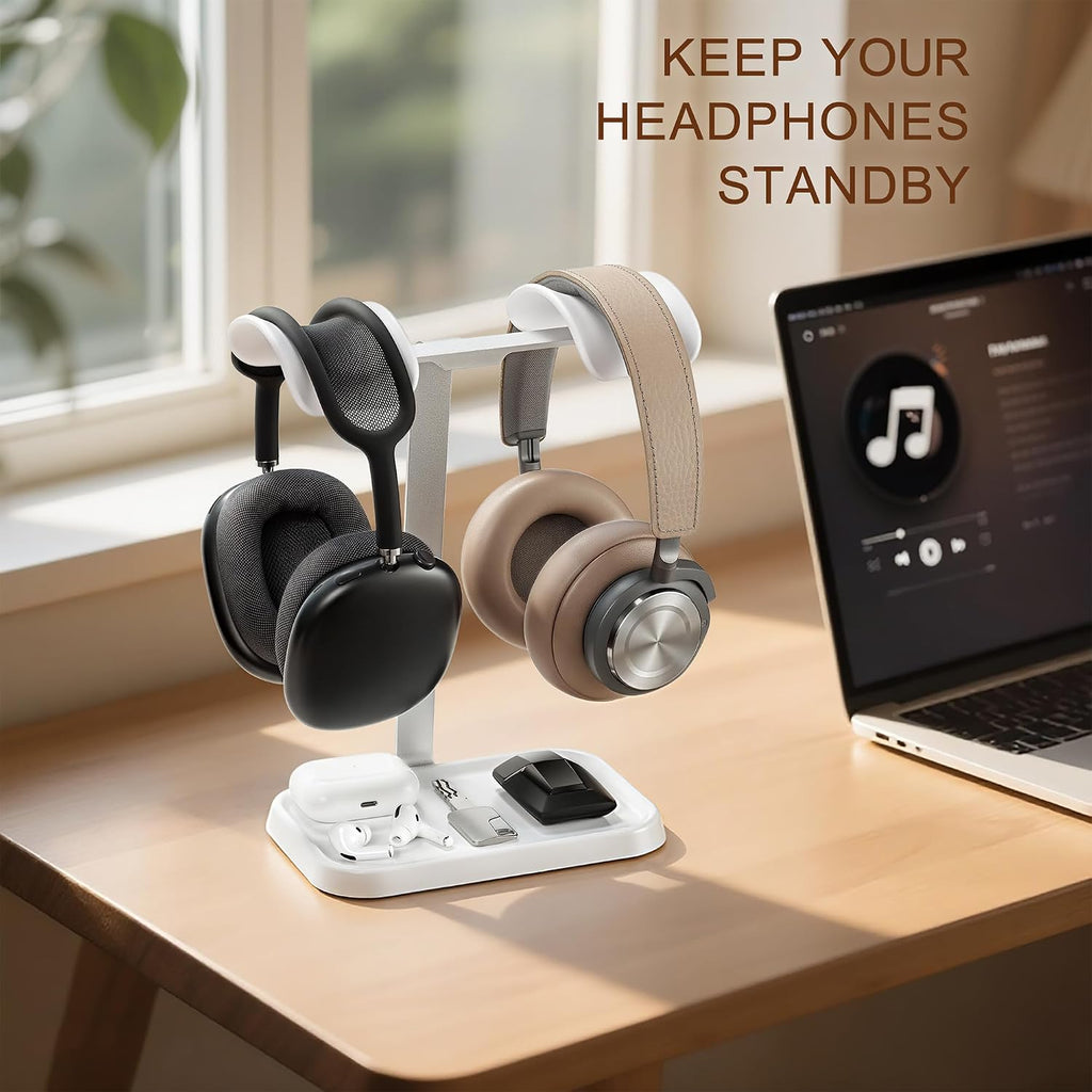 Dual Headphone Stand, Double Balanced Headset Stand with Storage Tray, Heavy Base Gaming Headset Holder for Desk (White) - Image 2