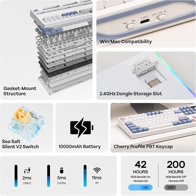 EPOMAKER TH108 PRO Full Size Mechanical Keyboard with Screen & Knob | Wireless Gaming Keyboard with 10000mAh, Creamy Gasket, Hot Swap, Custom Driver, RGB Backlight (White, Sea Salt Silent) - Image 2