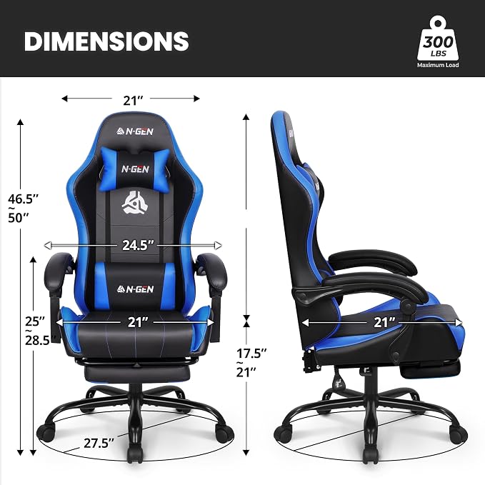 N-GEN GAMING Gaming Chair with Footrest, Lumbar Support, High-Back, Blue | Reclining Backrest, Linkage Armrests, Durable PU Leather, Adjustable Comfort for Extended Computer, Desk, or Home Office Use - Image 3