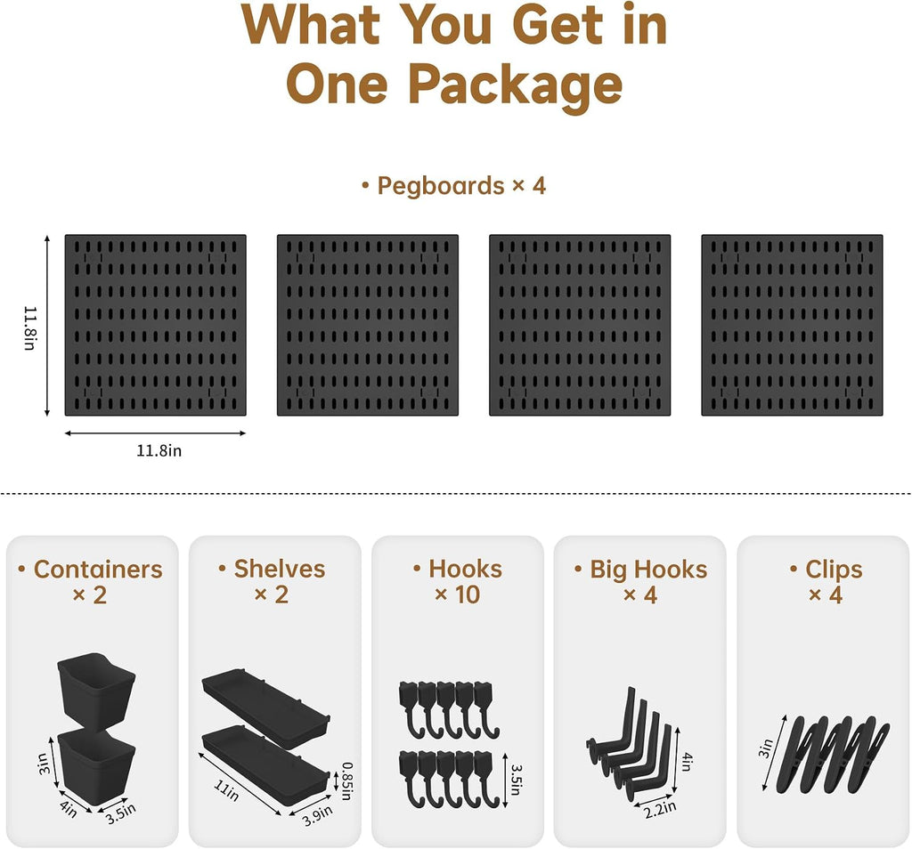 4 Pack Black Pegboard Panels Kit Wall Organizer and 22 Accessories - Image 3