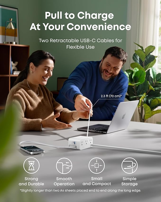 Anker Nano Charging Station, 100W 7-in-1 Power Strip, Retractable Charger | 2.3ft InstaCord Cable, Gaming Desk Accessories for Multiple Devices, 3 AC, 3 USB C, 1 USB A, MacBook Charger, Home Office - Image 4