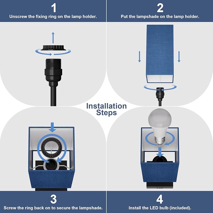 Bedside Table Lamp for Bedroom with 2USB Ports, 14-Inch, NavyBlue | USB A+C Ports, Touch 3-Way Dimmable LED Bulb Included Fabric Lampshade Metal Base Small Nightstand Lamp for Desk Living Room - Image 7
