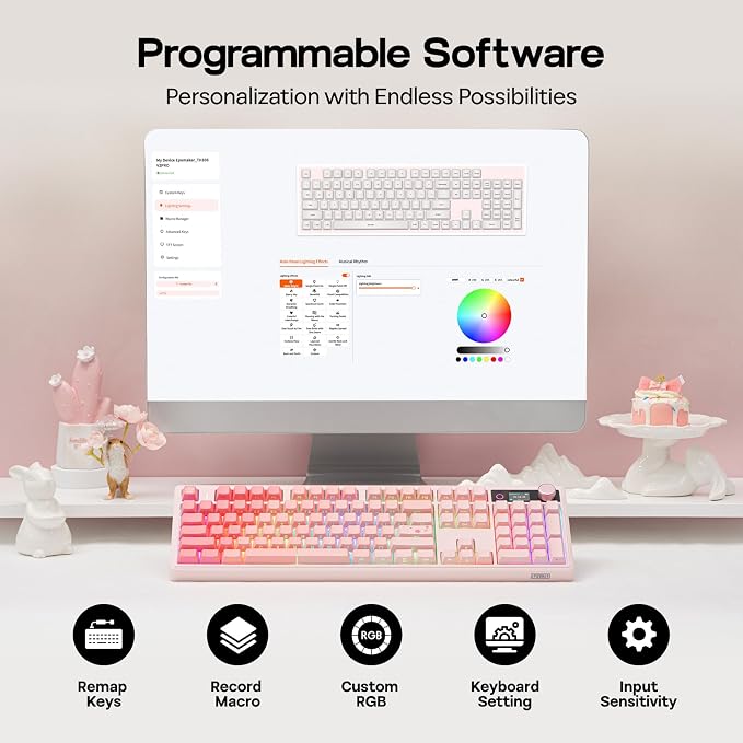 EPOMAKER TH108 V2 PRO Full Size Mechanical Keyboard with Screen&Knob | 10000mAh, BT/2.4Ghz, Mac Modifier PBT Keycap, RGB, Gasket, Wireless Gaming Keyboard for Mac/PC (Pink, Creamy Jade) - Image 7