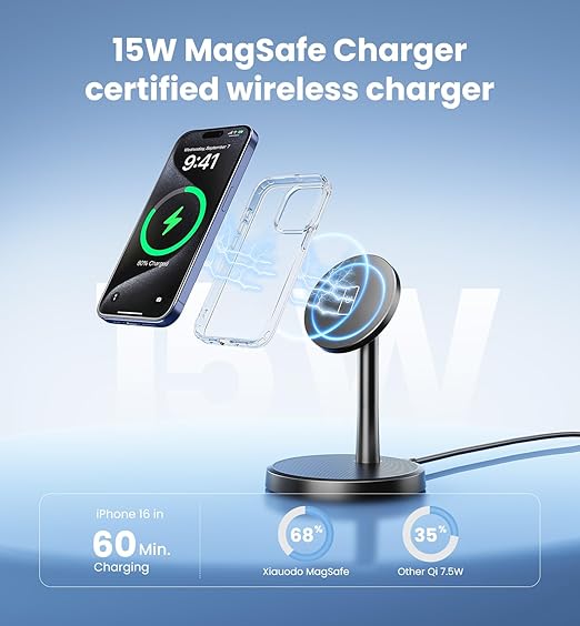 Magnetic Wireless Charger iPhone, 15W Fast Mag-Safe Charger Stand for iPhone 17/17 Air/17 Pro/17 Pro Max 16/15/14/13/12 Series, Wireless Charging Station for Pad/AirPods - Image 5