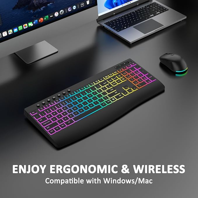 Wireless Keyboard and Mouse Combo, 9 Backlit Effects, 4000mAh Rechargeable Backlit Keyboard with Wrist Rest, 6 Button Mouse, 2.4G Full Size Quiet Keyboard Set for Computer, PC, Laptop, Mac, Windows - Image 9