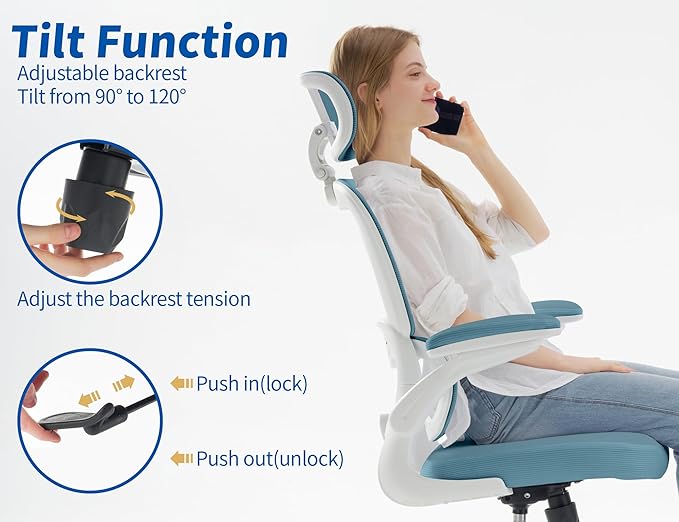 TRALT Ergonomic Office Chair Desk Chair with Adjustable Lumbar Support | Home Office Desk Chairs with Flip-up Armrests & 3D Headrest - Mesh Gaming Chairs for Adults, 330lbs, PU Leather (Blue, 1) - Image 6