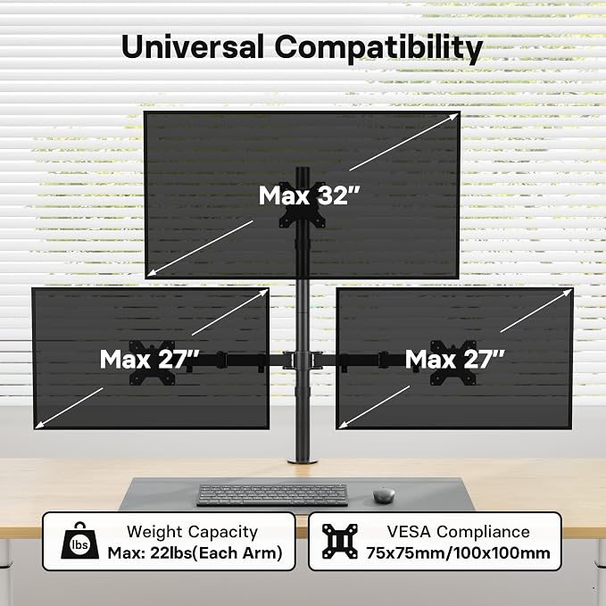 BONTEC Triple Monitor Desk Mount, Supports 13-32 Inch, VESA 75x75/100x100mm | Full Motion Adjustability, Up to 22lbs per Arm, C Clamp and Grommet Mounting Options, Cable Management - Image 3