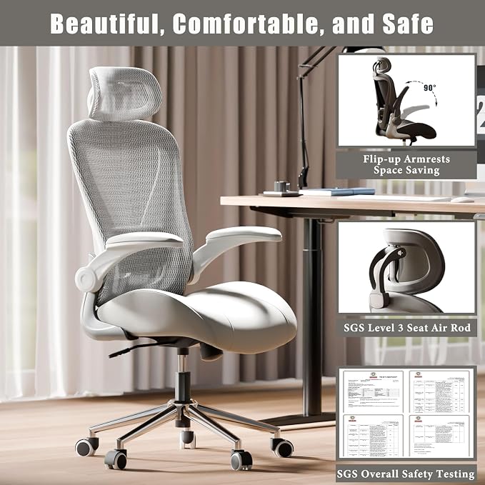Grey Ergonomic Home Office Desk Chair, Premium Thickened Leather Curved seat with Breathable mesh Back, 3D headrest and Adjustable Lumbar Support, Ideal Chair for Office or Gaming, Gray - Image 4