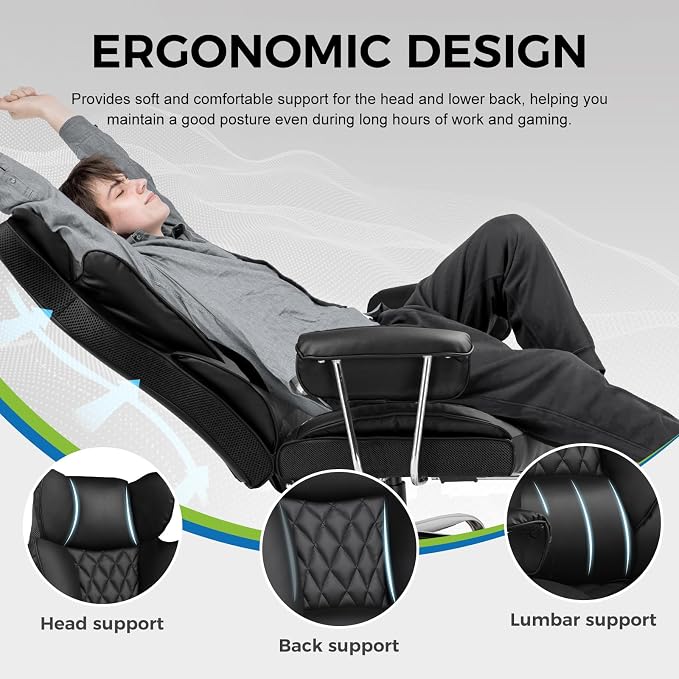 GTPLAYER Gaming Chair,Office Chair with Pocket Spring Lumbar Support, Ergonomic Comfortable Wide Office Desk Computer Chair with Outward Fixed Soft Armrests and Footrest (PU Leather, Black) - Image 3