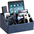 PU Leather Desk Organizer, Remote Control Holder, Dark Blue | Luxury Nightstand Organizer for Home, Office Desk Accessories, Bedside Table Caddy with 5 Compartments, Velvet Lining by MEIBOOCH