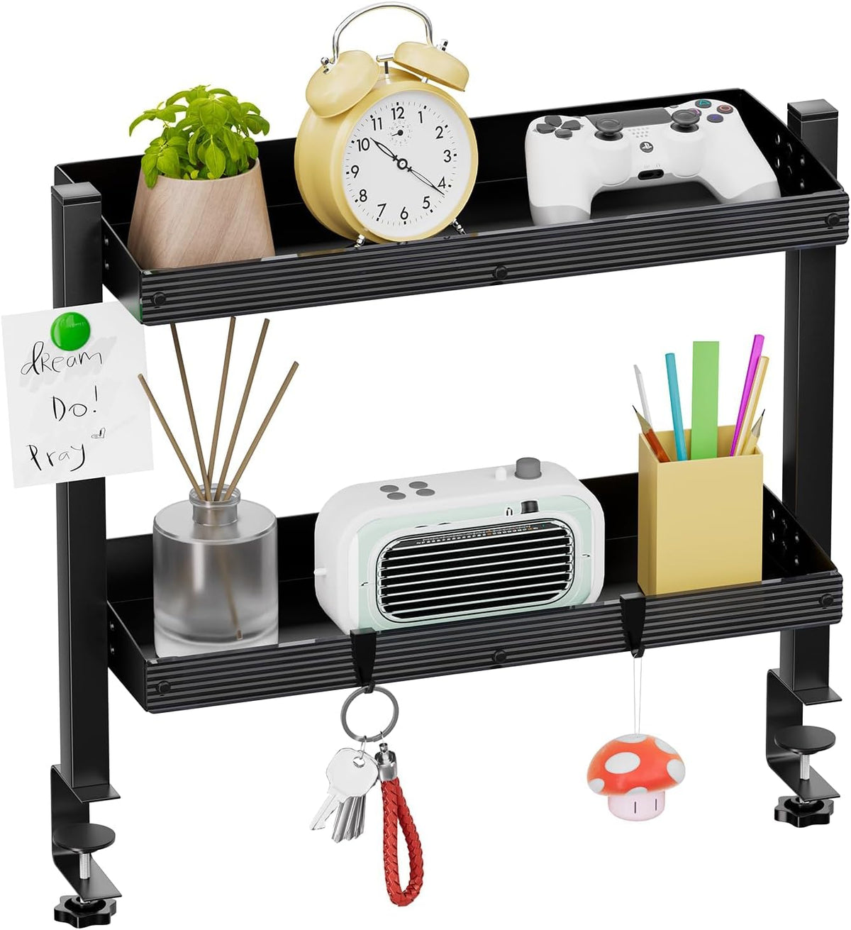 17 inch Adjustable 2-Tier Clamp On Desk Shelf with Hooks by OUKMIC