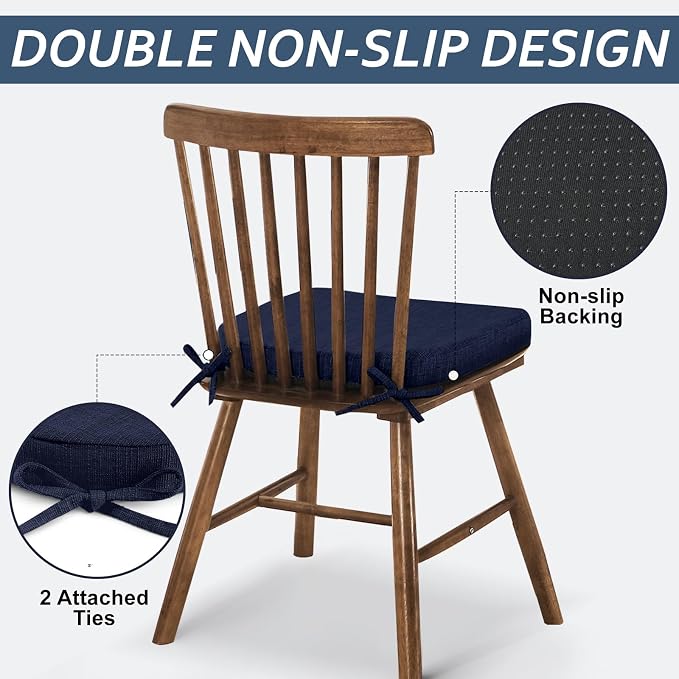 Basic Beyond Chair Cushions for Dining Chairs 4 Pack, Kitchen Chair Cushions with Ties and Non Slip Backing, 16 x 16 inches Chair Pads for Dining Chairs (Navy) - Image 3