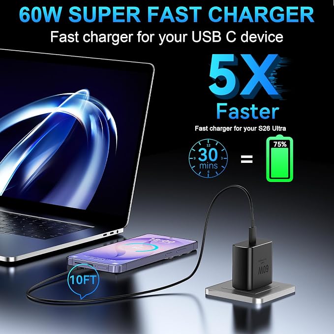 60W Super Fast Charger USB C, Type C Charger Fast Charging Android Phone Charger Block with 10FT USB C Chargers Fast Charging Cable Cord for Samsung Galaxy S26 Ultra/S26+/S26/S25Ultra/S25/S24-Black - Image 4
