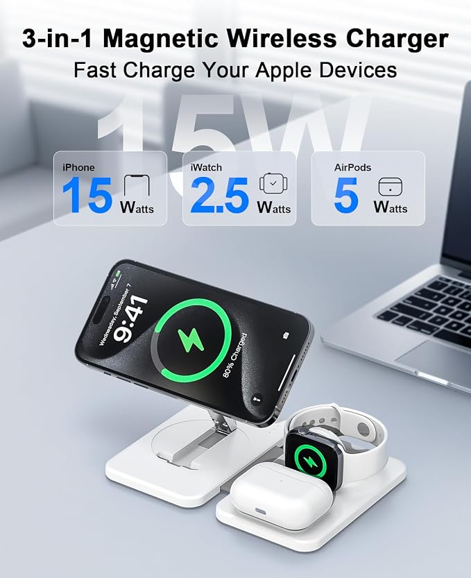 3 in 1 Magnetic Wireless Charger for Apple Multiple Devices, Foldable Fast Charging Station - Magsafe Charger Stand, Travel Charger Pad for iPhone 17 16 15 14 13 12 Series/Apple Watch/AirPods Pro | Magsafe Charger Stand for Multiple Devices, Travel Cha... - Image 2