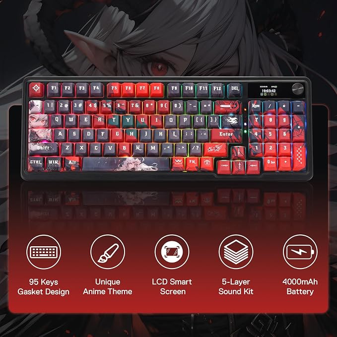 Redragon Anime Keyboard & Mouse Combo, K719 PRO KB + M612AK 8000 DPI Mice | Multi-Function Control Knob, LED Screen & Knob, 0-Delay Tri-Mode, 95 keys Creamy Cushioned Typing, 9 Button Macro Combos - Image 2