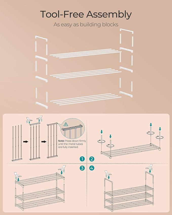 SONGMICS Shoe Rack, 3-Tier Shoe Organizer, Metal Storage Shelf | for Entryway, Upright or Upside Down, for 16-20 Pairs, Stackable, 11.8 x 36.2 x 21.7 Inches, Pearl White ULSA303W03 - Image 5
