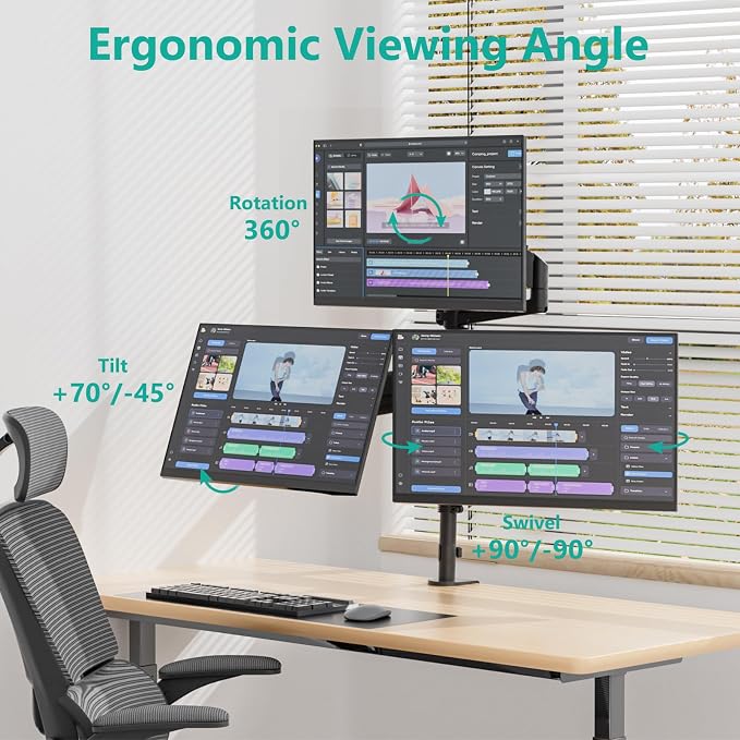 WALI Stacked Triple Monitor Mount for 13-34 inch Screens, 19.8 lbs per Arm | 3 Monitor Desk Mount, Full Motion with Tilt, Swivel, Rotation, C-Clamp & Grommet Base, VESA 75/100mm (GSDM003XL), Black - Image 3