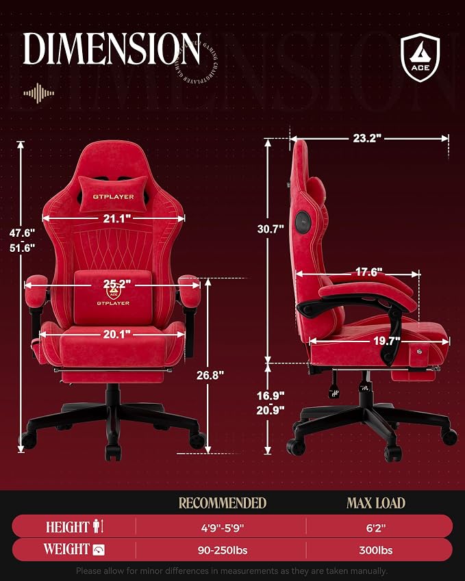 GTPLAYER Gaming Chair with Speakers, Video Game Chairs with Footrest, PC Gamer Chairs for Adults - Padded High Back Ergonomic Reclining Silla Gamer, Linkage Armrest, Ace Pro, Cherry Red（Velvet） - Image 2