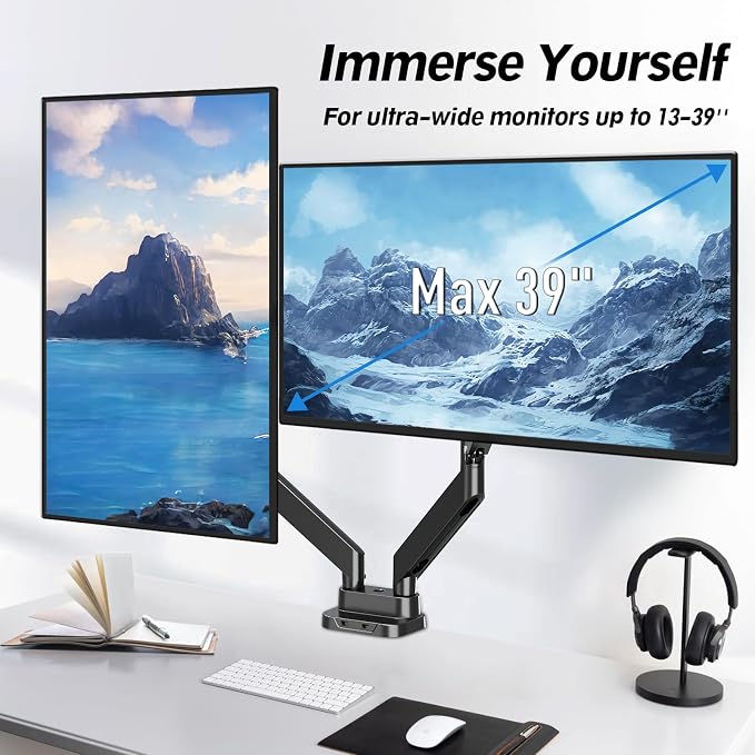 MOUNTUP Dual Monitor Mount Fits Max 39'' Screen, Ultrawide Dual Monitor Desk Mount Hold 4.4-33 lbs, Adjustable Gas Spring Double Monitor Arms, Computer Monitors Stand with USB, VESA Monitors Bracket - Image 2