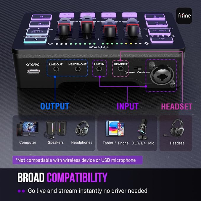 FIFINE Gaming Audio Mixer, Streaming RGB PC Mixer with XLR Microphone Interface, Individual Control, Volume Fader, Mute Button, 48V Phantom Power, for Podcast/Recording/Vocal/Game Voice-AmpliGame SC3 | USB PnP For PC,Mute Button,XLR Preamp,RGB,Voice ch... - Image 4
