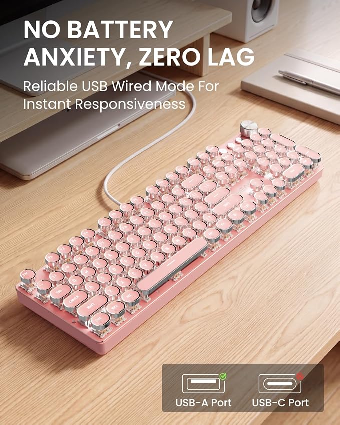 EWEADN Wired Typewriter Mechanical Keyboard, Low Noise White Switch Retro Punk Keyboard with Media Knob, White Backlit, Metal Panel, 104-Key Round Keycaps Cute Keyboard for Windows PC - Pink - Image 5