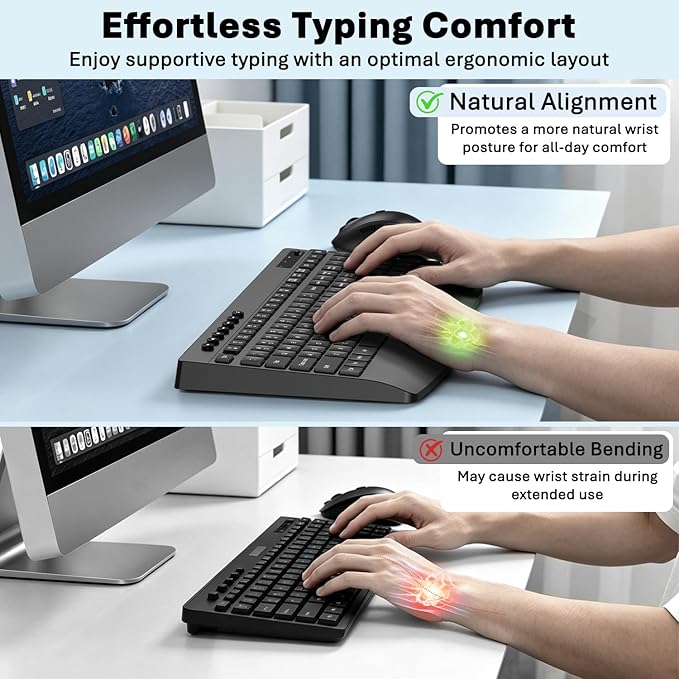 Full-Size Silent Wireless Keyboard and Mouse Combo with Palm Rest | 30dB quiet keys, silent clicks, 12-month battery, 1.4-in rear lift, 12 hotkeys, auto sleep, 2.4G receiver, Win/macOS/ChromeOS - Image 3