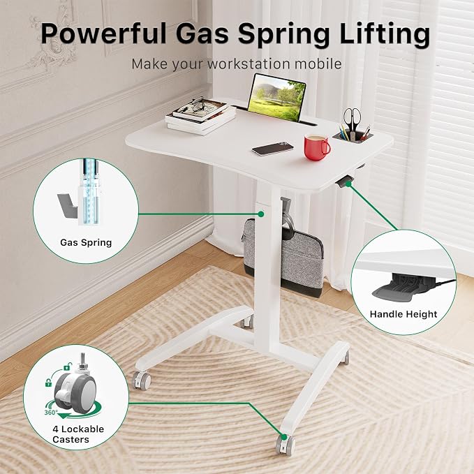 27" Mobile Rolling Standing Desk with Lockable Wheels, White | Small Laptop Cart Height Adjustable with Cup Holder, Slot, Hook, Portable Pneumatic Teacher Rising Workstation for Classroom - Image 5