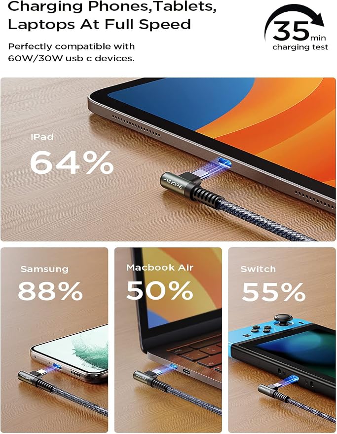 AINOPE Right Angle USB C to USB C Cable 17 3.3FT 60W 2 Pack USBC to USBC for iPhone 16 Pro Max Car Charger Cord Fast Charging Compatible with iPhone 16 15 Samsung A17 iPad Pro Android Phone Accesories - Image 6