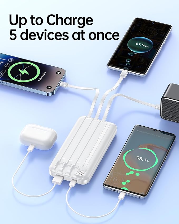 Portable Charger Power Bank with Built in Cable 20000mAh Fast Charging | Power Bank USB C Slim 22.5W LED Display Battery Pack 5 Outputs & 3 Inputs for Travel Essentials iPhone Samsung Phones White - Image 6