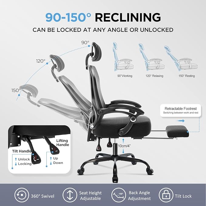 Ergonomic Office Chair with Footrest,Ultra Thick Desk Chair,Black | 150°Reclining,Mesh High Back,Adjustable 2D Lumbar Support and Headrest,4.8" Spring Cushion,Premium Computer Chair for Adults - Image 6