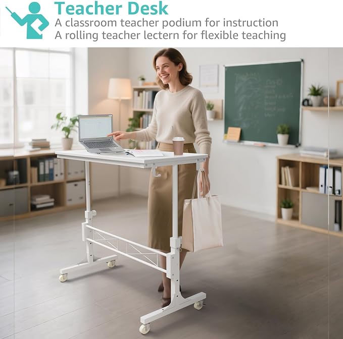 WINAZ Rolling Standing Desk with Wheels, 32" Adjustable Height Small Portable Teacher Desk for Classroom, Mobile Treadmill Walking Pad Table for Laptop, Compact White Home Office Workstation - Image 4