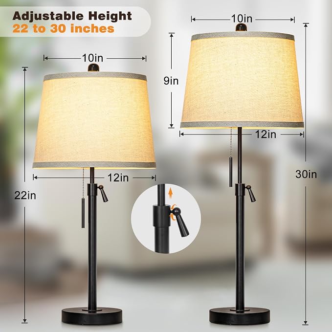 Black Bedside Lamp Tall Table Lamp 22" to 30" Adjustable Height 3 Brightness Way Nightstand with Beige Linen Shade Pull Chain Pole Lights for Living Room Guest Bedroom End Table(Bulb Included, Single) - Image 2
