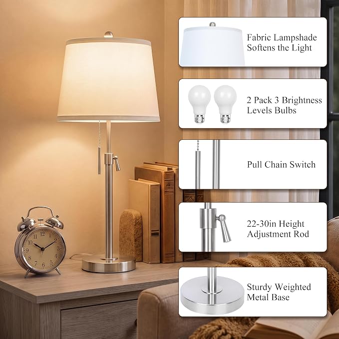 Brushed Nickel Modern Table Lamps Set of 2 Adjustable Height 22" to 30" Silver Nightstand with White Linen Shade 3 Brightness Way Pull Chain Switch Bedside Lamps for Living Room Office(Bulbs Included) - Image 5