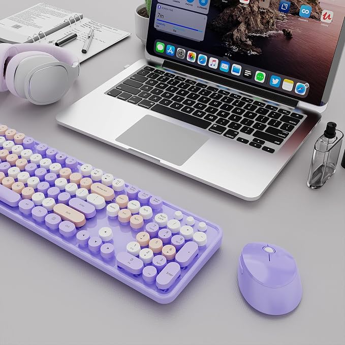 SkyGive Wireless Keyboard and Mouse Combo, Ergonomic Full Size Typewriter Retro Round Keycaps Keyboard, Compatible with Windows, PC, Perfer for Home and Office Keyboards (Lavender Purple - Image 8