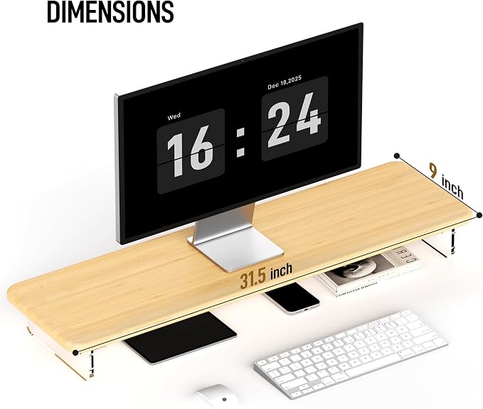 AFOOYO Bamboo Monitor Stand Riser, 31.5 In Computer Riser Desk Organizer | Desk Organizer Adjustable Arylic Feet Computer Monitor Stand, Desk Shelf for Office - Image 8