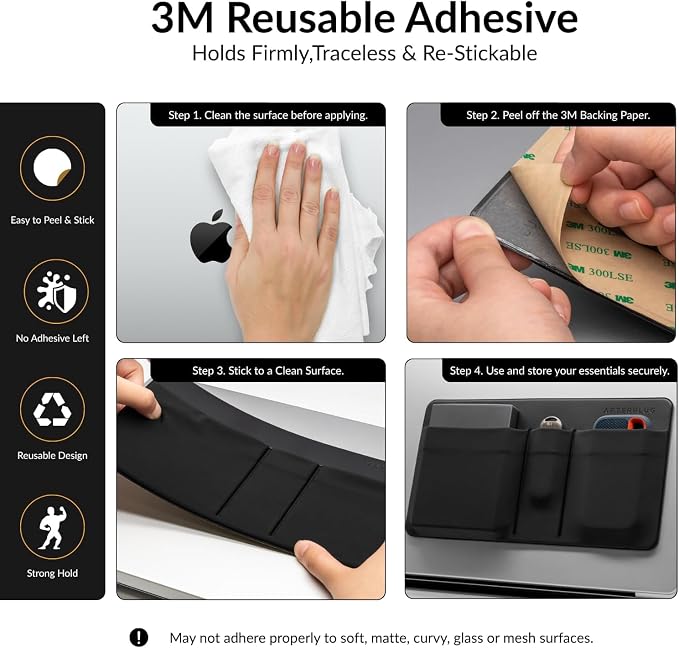 3-Pocket Mouse & Hard Drive Holder for Laptop, Stick-On Pouch | Reusable 3M Adhesive | Fits 2.5-Inch External HDDs, SSDs, Mice, USB Drives & More | Elastic Sleeve with Built-In Safety Strap - Image 3